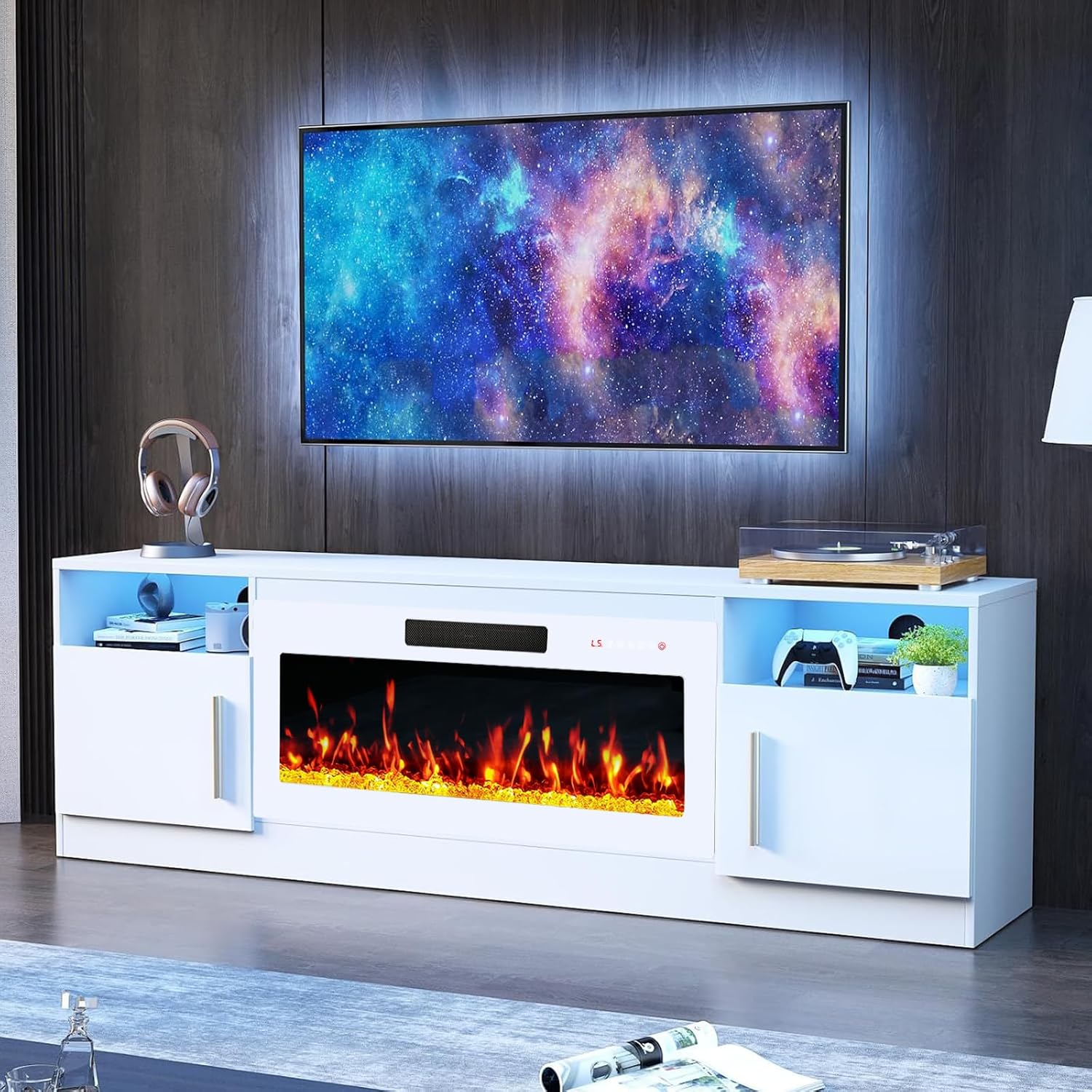 Fireplace TV Stand with 36 Fireplace Up to 80 TVs,70 Entertainment Center with LED Lights,Remote Control,TV Media Console with Storage Cabinets for Living Room, White+White