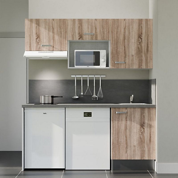 Kitchenette K55 - 180 cm - Façades : Bois - Plan de travail : Gris - Crédences : Oui - Evier