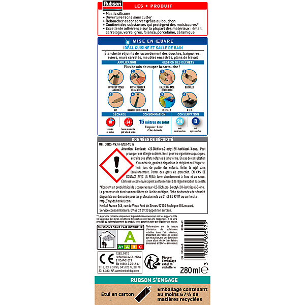Mastic bain et cuisine Rubson transparent 280ml