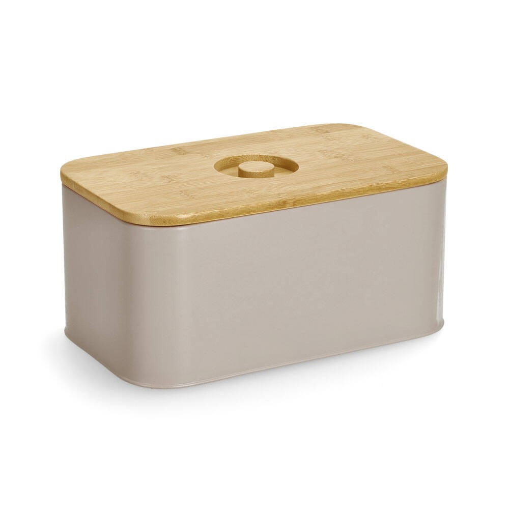 Chlebak metalowy taupe z bambusową pokrywką 30x18 x14 cm