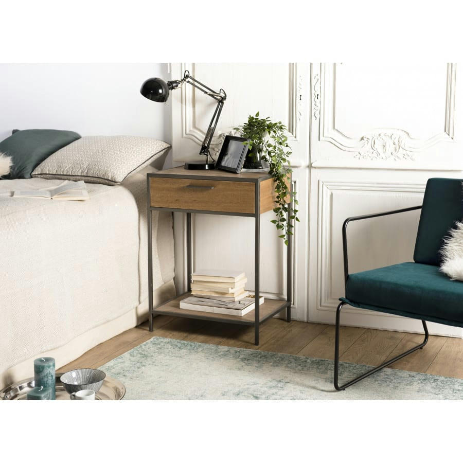 CLEMENCE - Chevet 1 tiroir 1 étagère bois sapin et métal