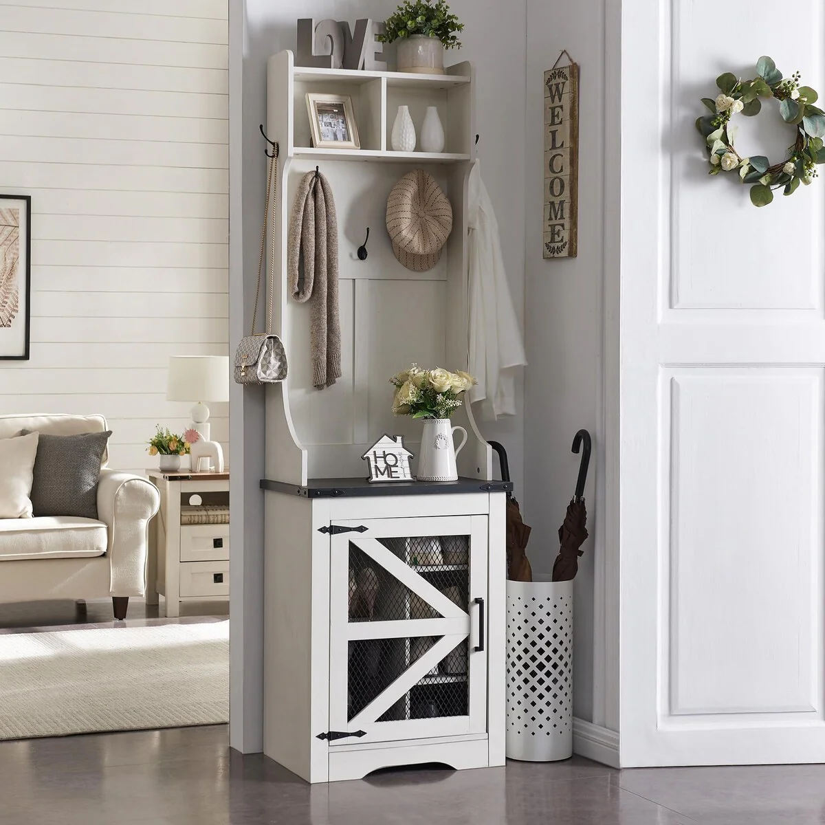 Entryway Hutch with Coat Rack, 6 Shoe Cubbies & 5 Coat Hooks Narrow Hall Tree with Shoe Storage Bench, Mudroom Storage Cabinet