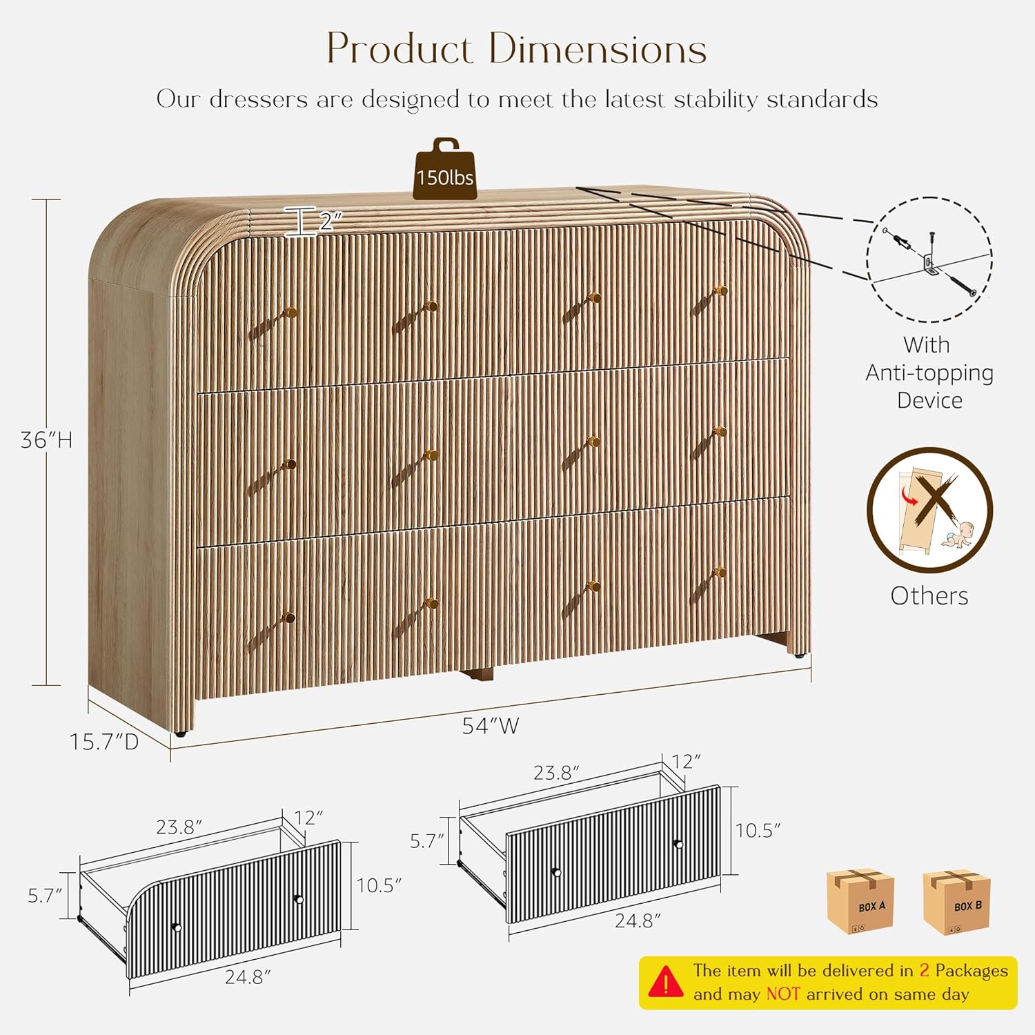 T4TREAM Fluted 6 Drawers Dresser for Bedroom, 54 Wide Modern Chest of Drawers with Thickened Curved Profile Design, Wood Dressers TV Stand for Bedroom, Living Room, Hallway, Natural Oak
