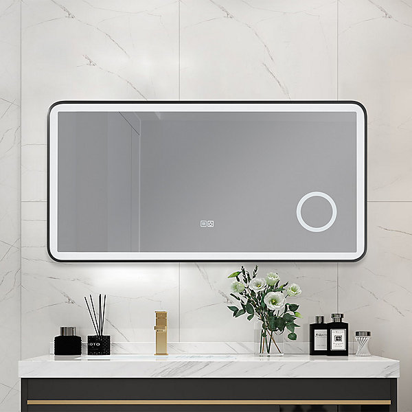 Miroir salle de bain LED 90x60cm anti buée avec cadre en aluminium noir et loupe x3 LB-4685B