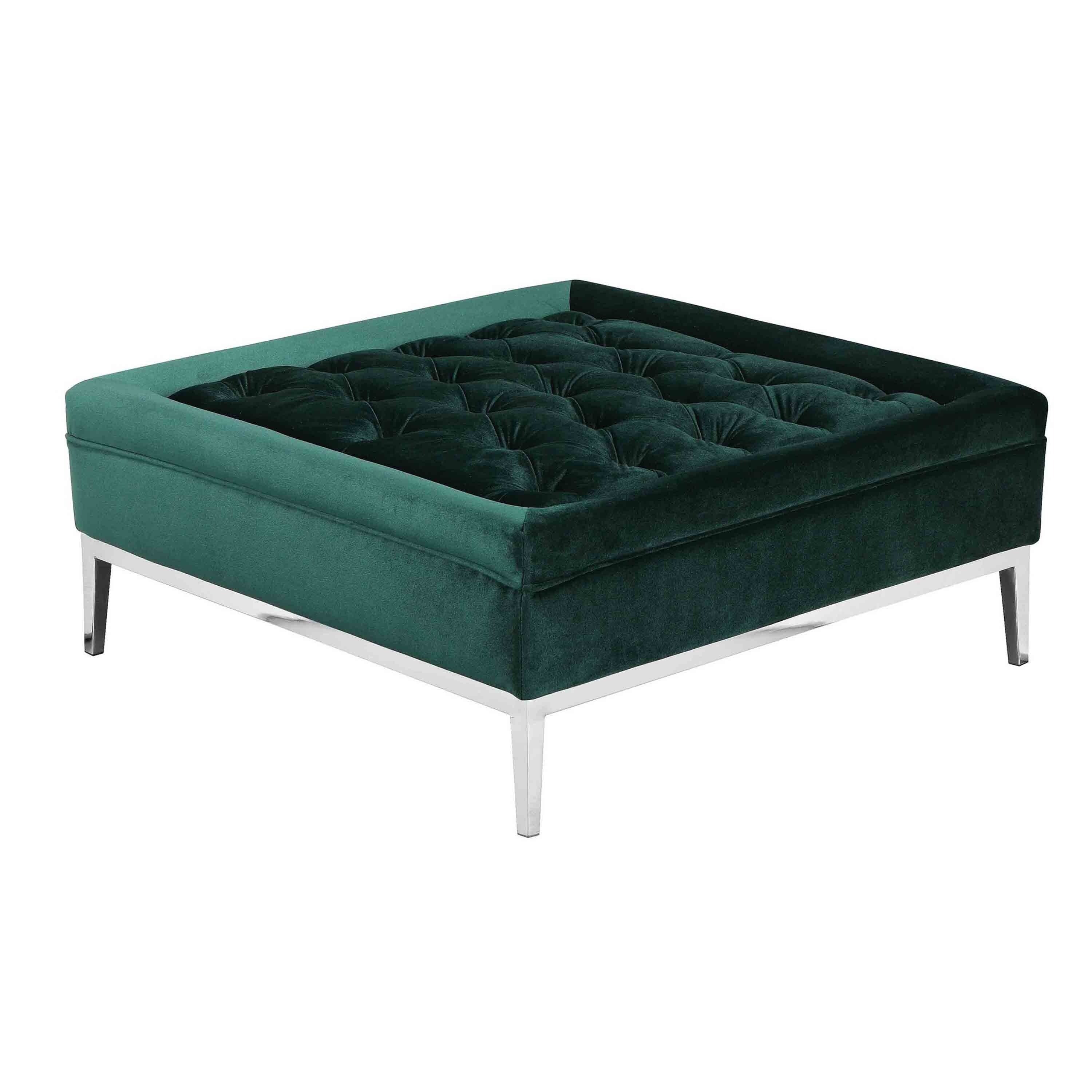 Vien 37 Inch Ottoman, Nailhead Trim, Square, Green Velvet Tufted, Chrome