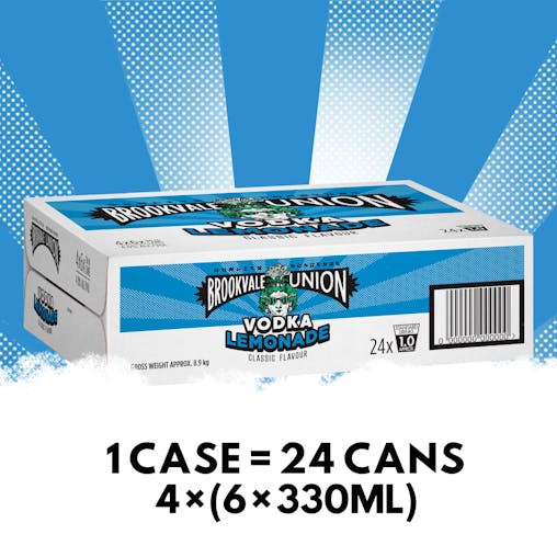 Brookvale Union Vodka Lemonade, Refreshing Pre-Mixed Drink, 4% ABV, 330mL (Case of 24 Cans)