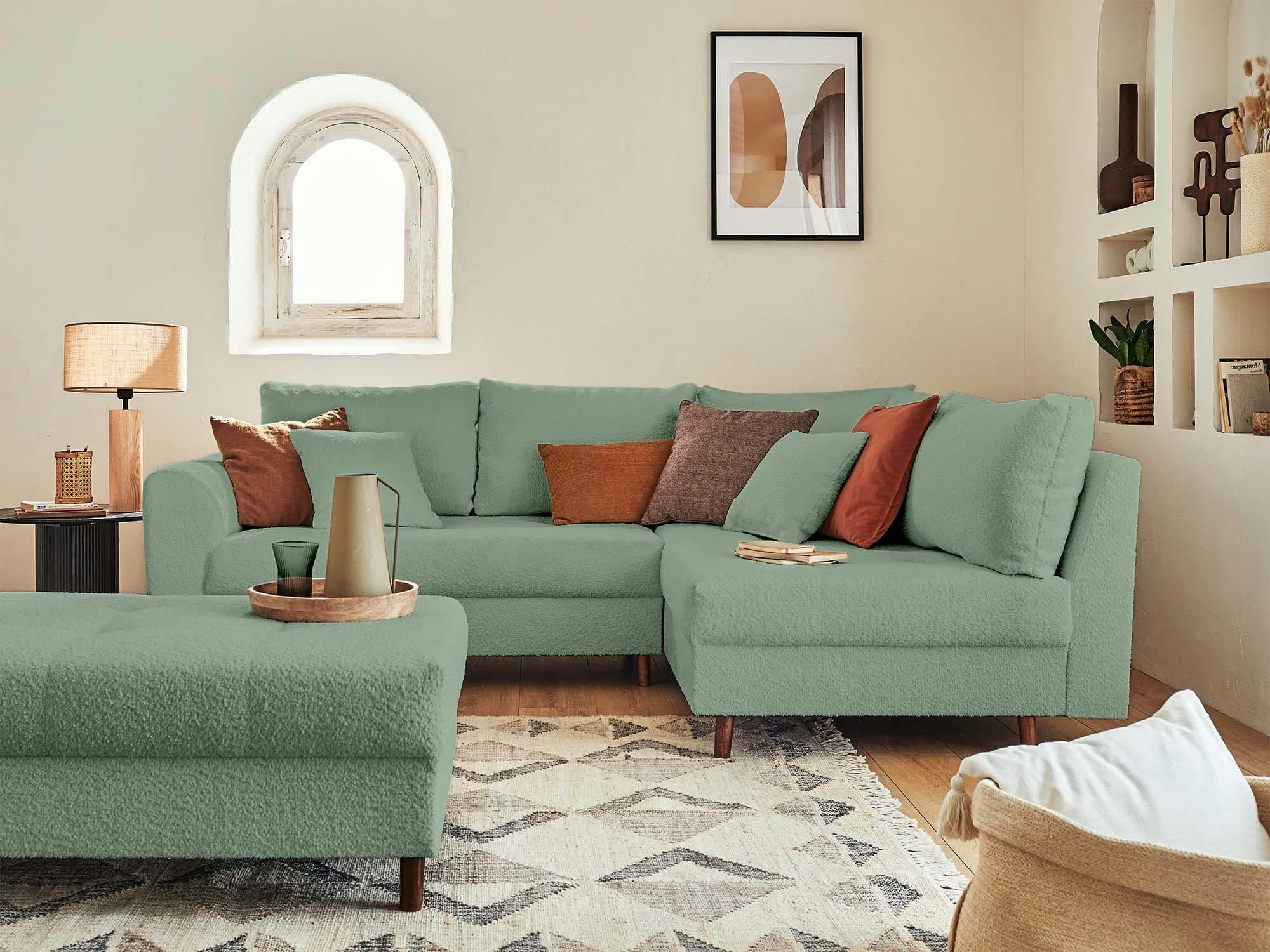 RUNE - Canapé d'angle droit convertible 4 places en tissu bouclette vert