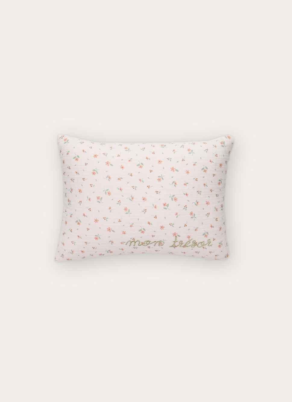 COUSSIN EN GAZE DE COTON FLEURS ET BRODERIE ÉCRU