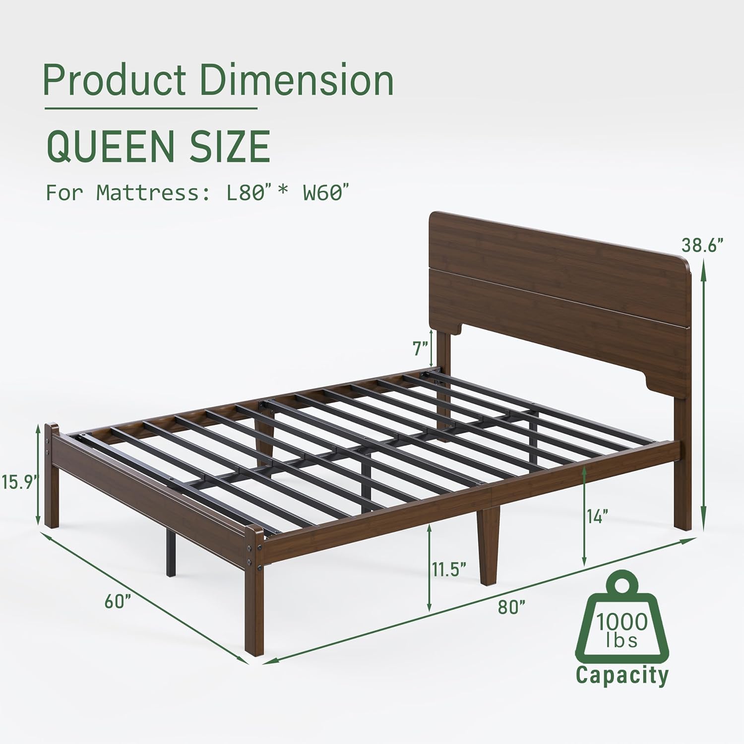 14in High Solid Bamboo Wood Platform Queen Size Bed Frame with Headboard, Reinforced Heavy Duty Metal Slats, Noise Free, No Box Spring Needed, Easy Assembly, Walnut