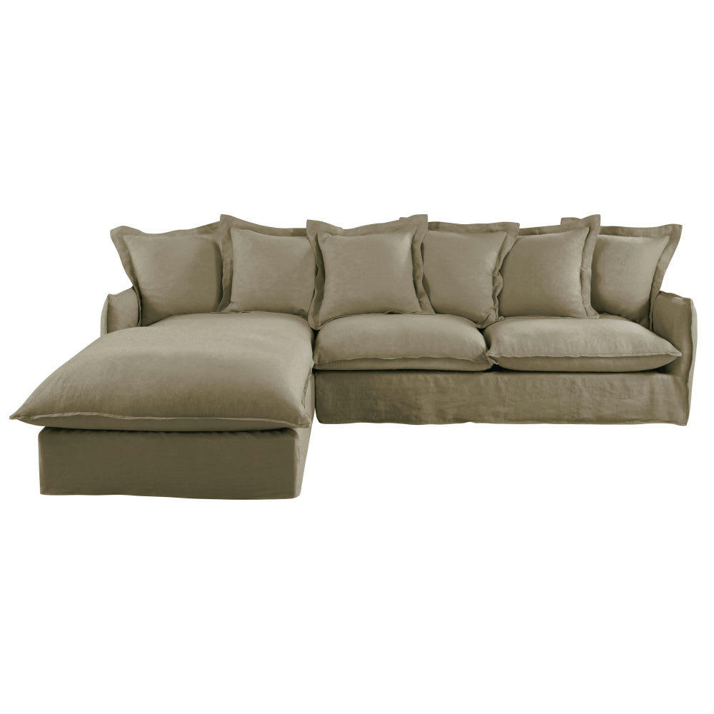 Barcelone - Canapé d'angle gauche 6 places en lin vert kaki