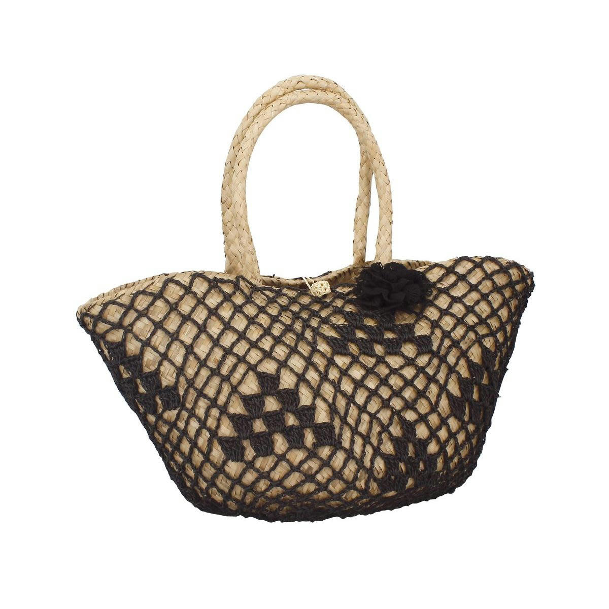 HANOI - Cabas en jonc de mer à ornements en crochet noir