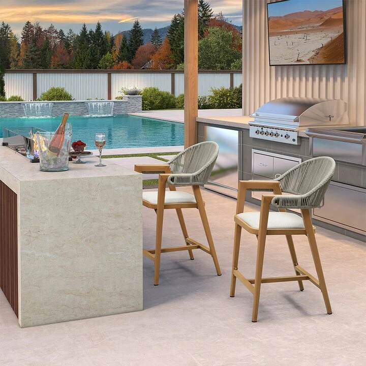 PURPLE LEAF Outdoor Bar Stools Chair Set of 2, All Weather Rattan and Aluminum Patio Bar Stool with Cushion