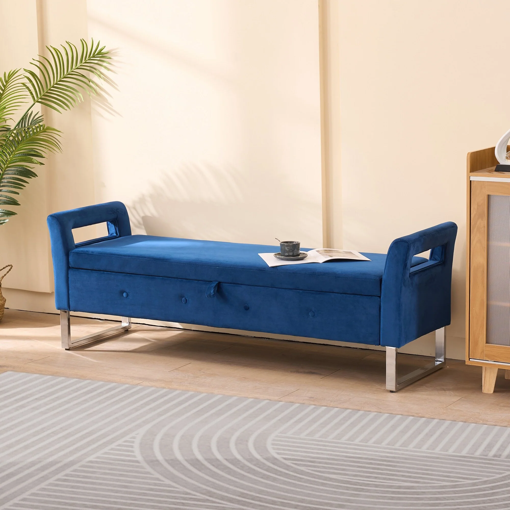 67.91 Velvet Storage Bench with Armrests and Wood Frame for Bedroom