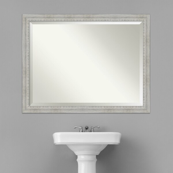 Beveled Wood Bathroom Wall Mirror - Rustic White Wash Frame