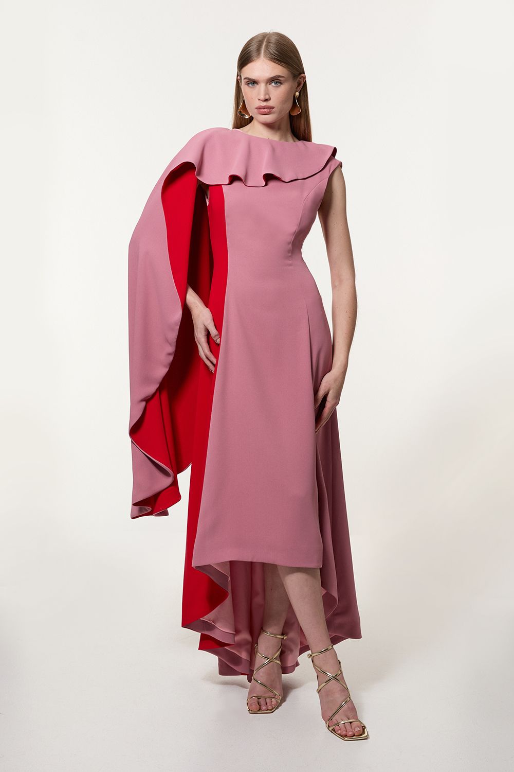 KarenMillen Soft Tailored Colour Block Cape Detail Full Skirted Maxi Dress