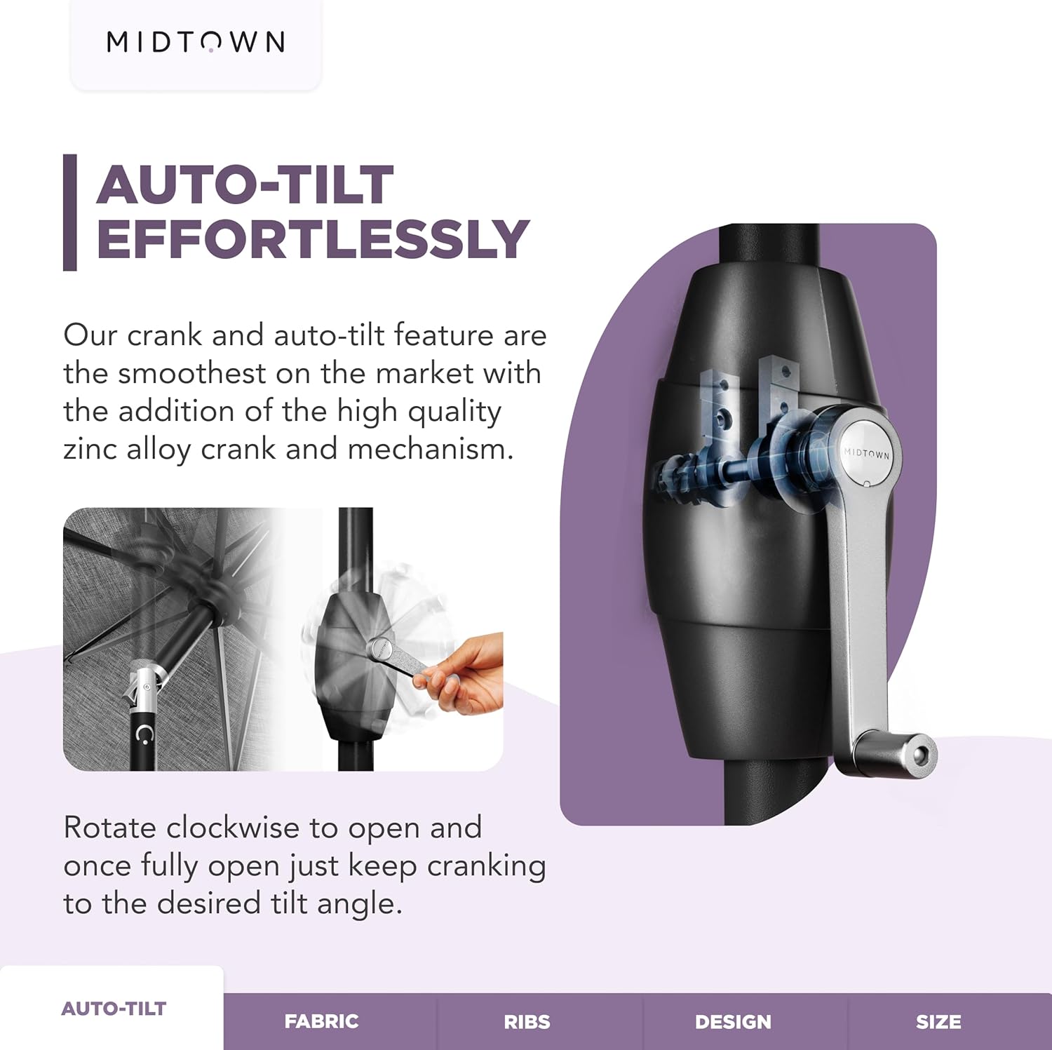Midtown Umbrellas - The Lean 9 Ft Patio Umbrella with Fade-Resistant Sunbrella Fabric  Auto-Tilt Aluminum Frame and 8 Reinforced Ribs for Deck  Pool & Garden - Aruba Canopy  Black Pole