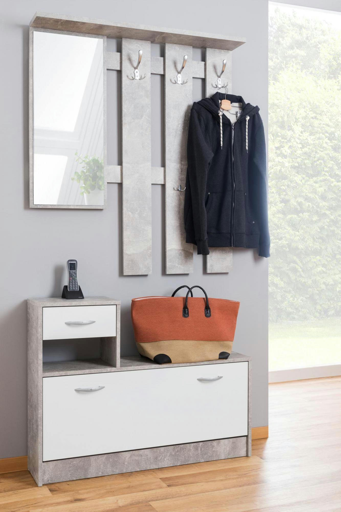 CLINT II - Meuble d'entrée avec miroir effet bois blanc et béton