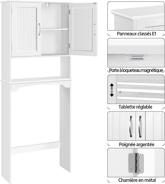 Meuble Dessus de Toilette/Machine a Laver sur Pied Blanc avec 2 Etageres Reglables   1 Compartiment Ouvert