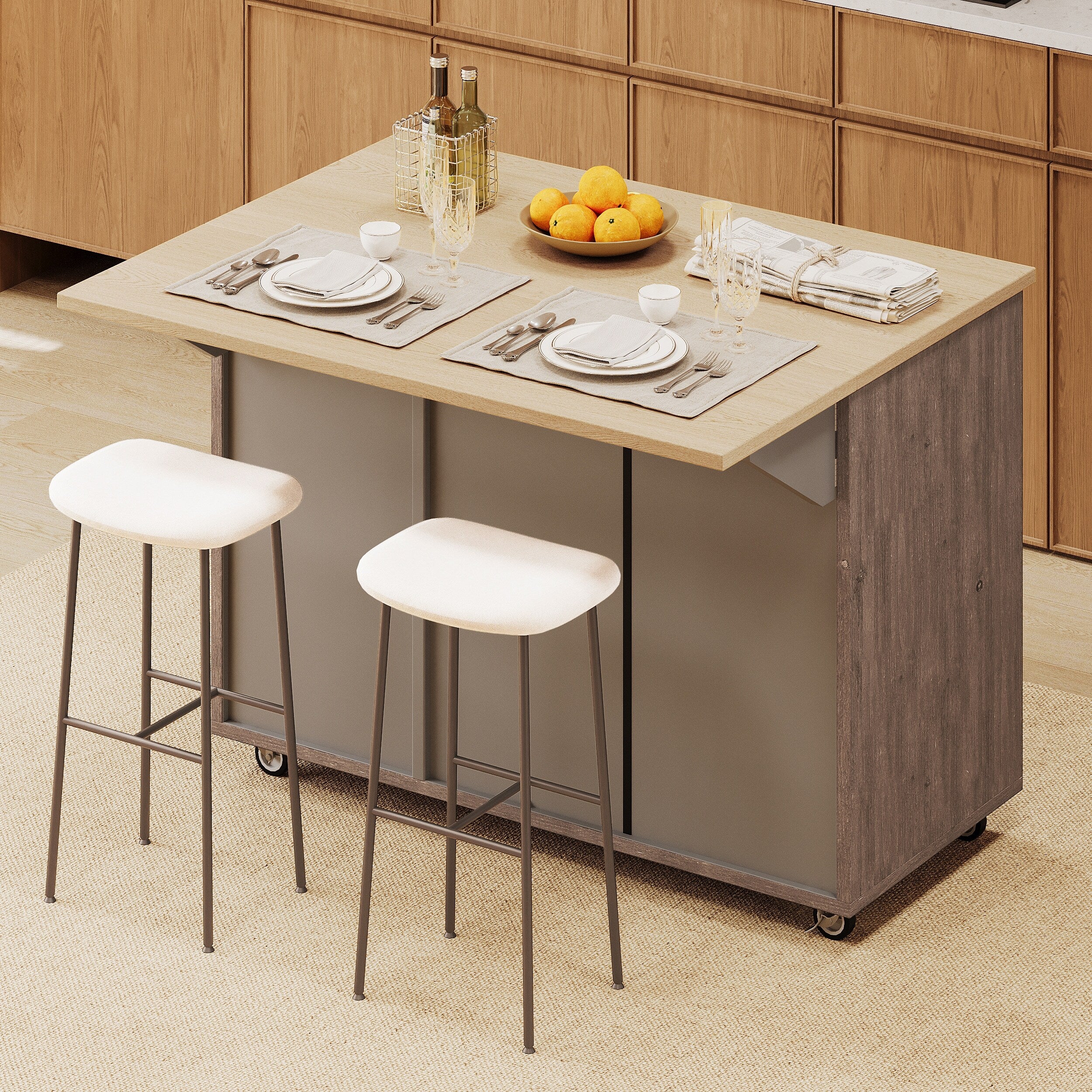 51.2W Geometric Twill Stripe Textured Design Kitchen Island With Drop Leaf(no include stool)