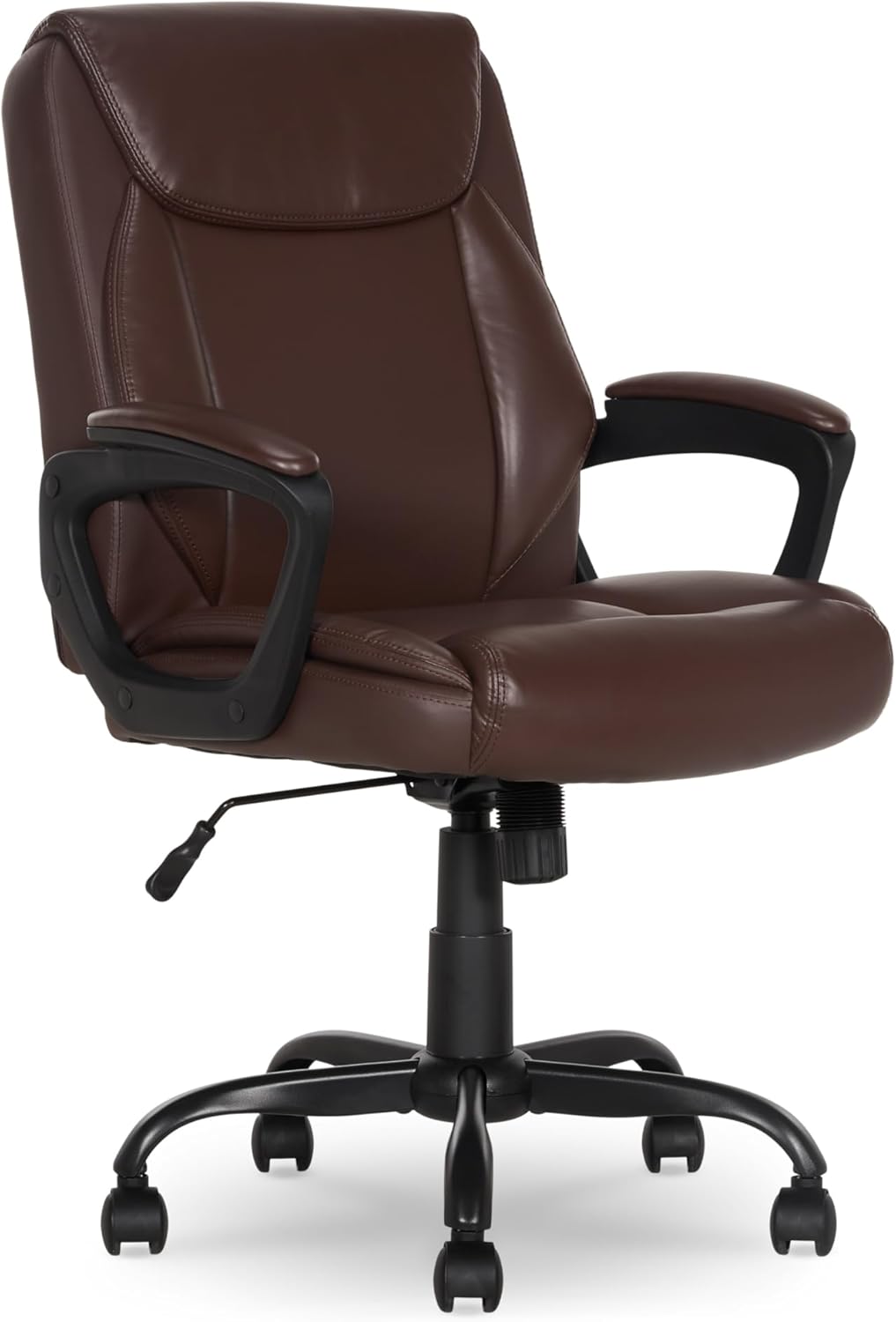 Amazon Basics Classic Puresoft PU Padded Mid-Back Office Chair with Armrest, Height Adjustable, Wheels, 25.75D x 24.25W x 42.25H, Brown