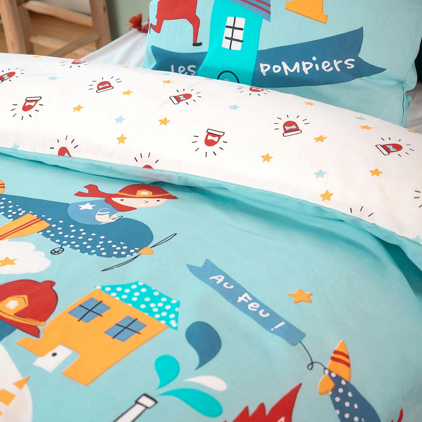 - Parure de lit pompiers coton bleu ciel 140x200 cm