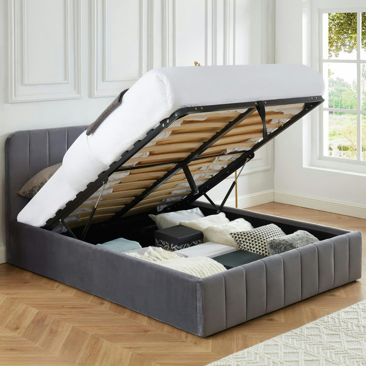 AVA - Lit coffre 140x190cm en velours gris + tête de lit + sommier à lattes