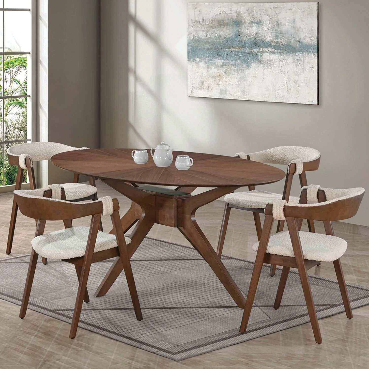 5 Piece Oval Wooden Dining Set in Walnut and Beige