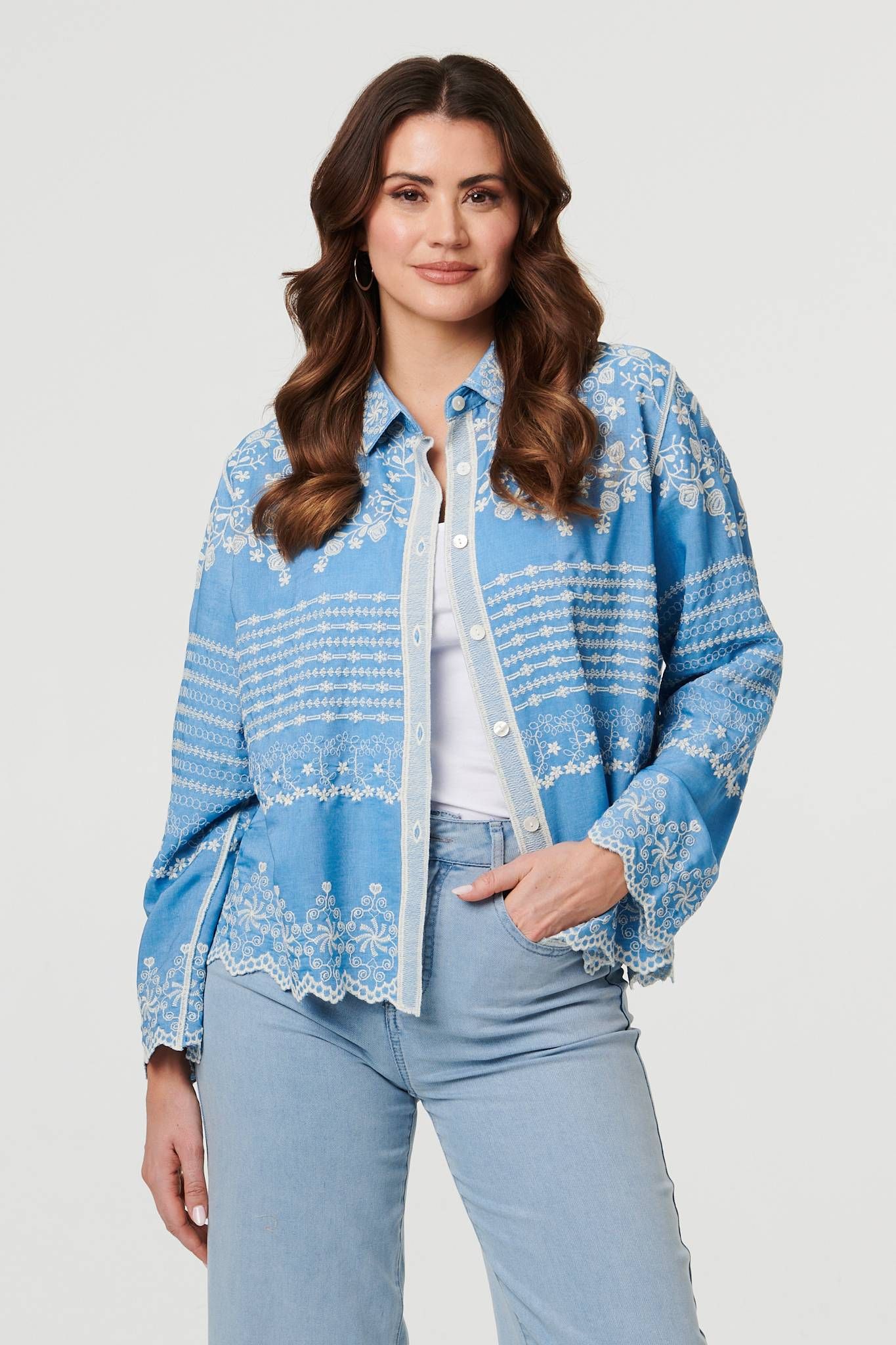 Izabel London Embroidered Lace Trim Long Sleeve Shirt