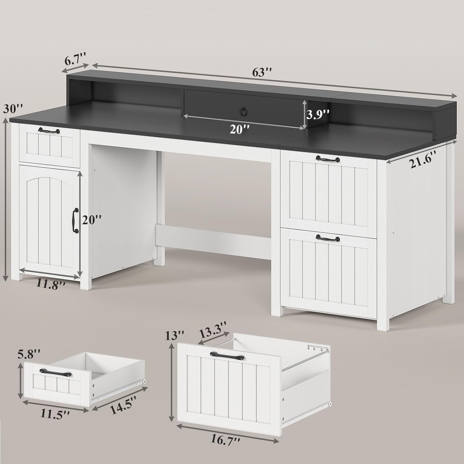 SEDETA Farmhouse 63 Executive Desk, Home Office Desk with File Drawer and Monitor Stand, Computer Desk with Drawers and Storage Cabinet, Wood Desk for Work Study Writing, White