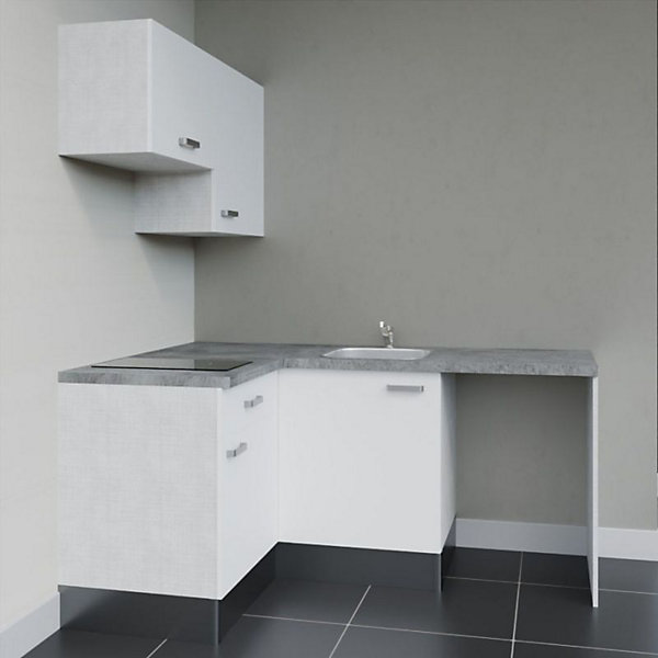 Kitchenette KA02 - 128 cm - Façades : Blanc - Plan de travail : Gris béton - Crédences : Non - Evier