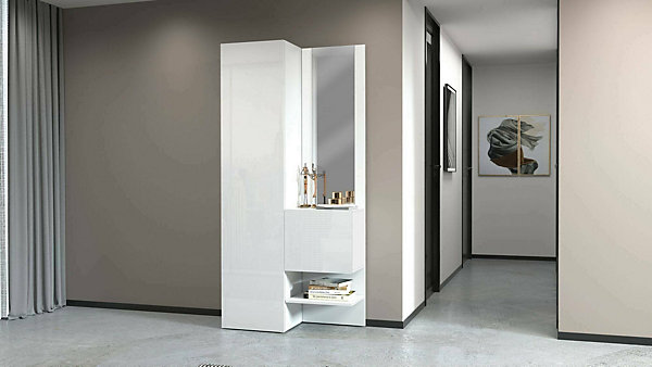 Meuble d'entrée Bauladu, Armoire multifonctionnelle avec 2 portes, Armoire polyvalente avec miroir, 90x35h190 cm, Blanc