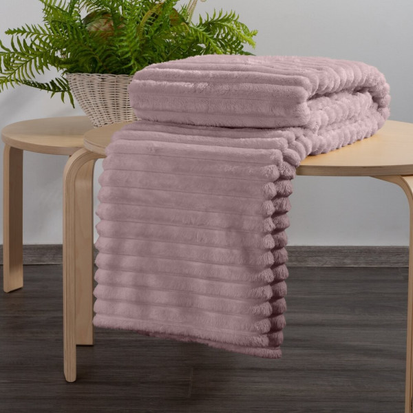 Koc SOFT pudrowy 200x220 cm prążki ciepły miękki