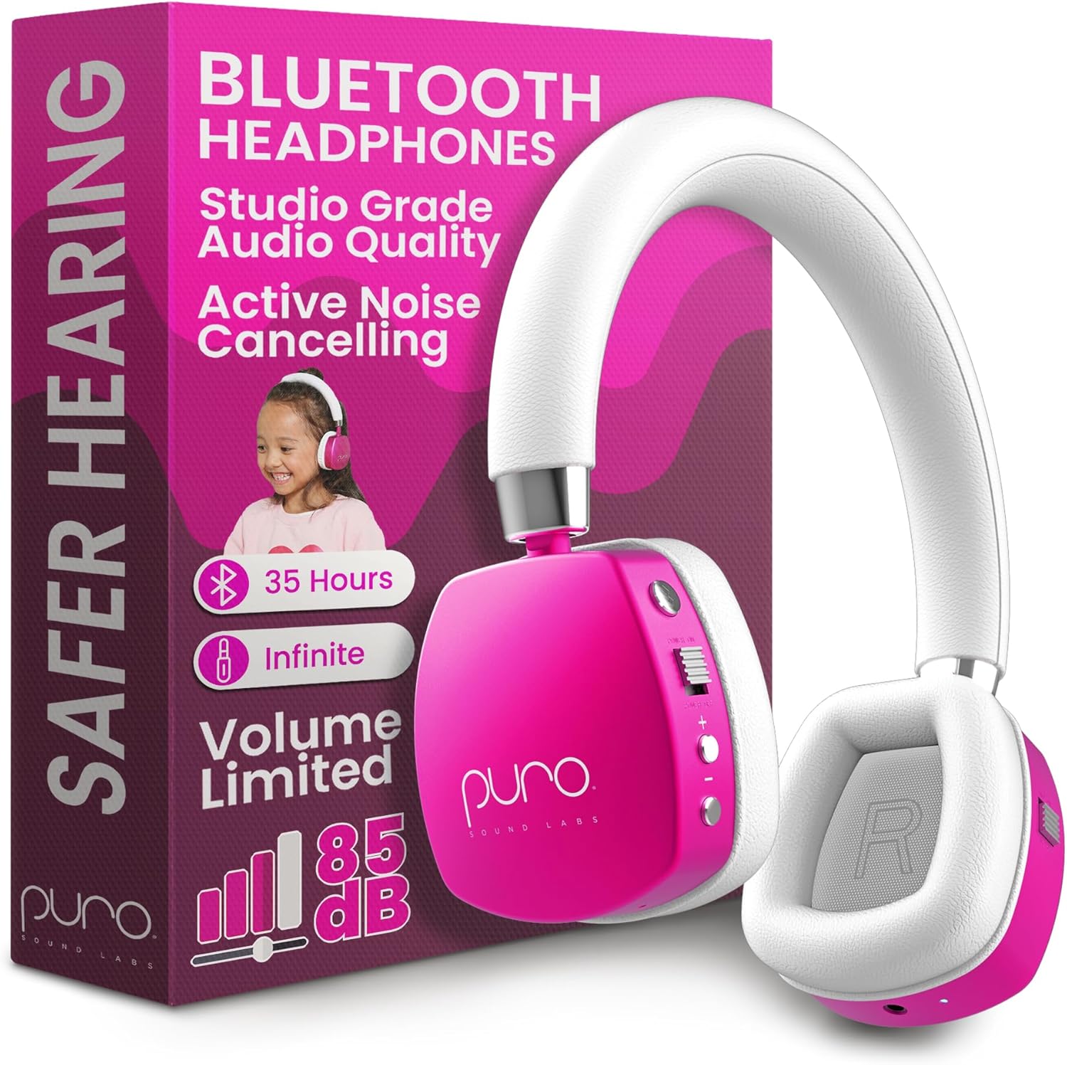 Puro Sound Labs Noise Cancelling Headphones for Kids - 85 dB Volume Limit, Built in Mic, 35-Hour Battery, Lightweight On Ear Design & Comfy Fit, Bluetooth Headphones for Kids – PuroQuiet Plus, Pink