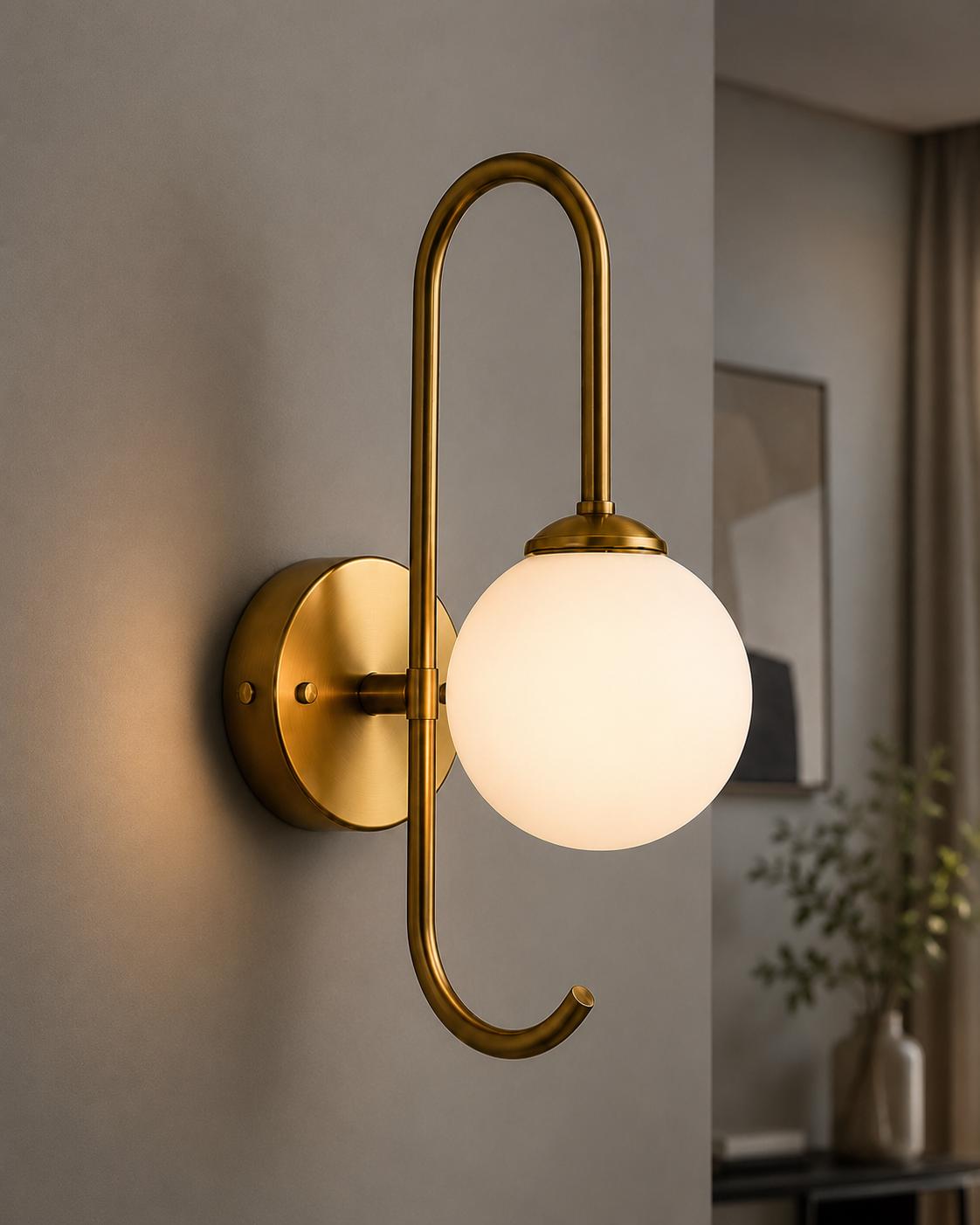Elegant Brass Globe Wall Sconce | Frosted Glass Shade | Curved Arm Wall Light | Luxury Bedroom & Hallway Lighting