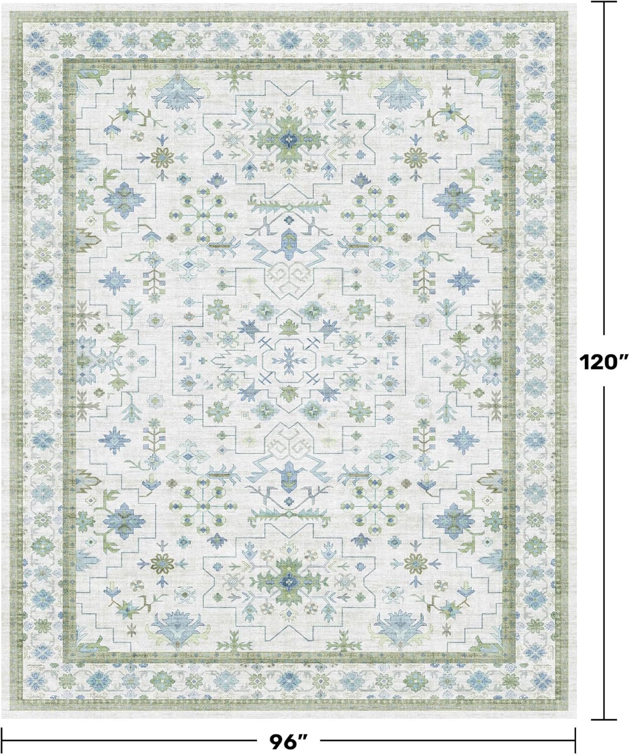 Hazo Haus Blue and Green Living Room Rug 8x10 - Cream Oushak Vintage Boho Floral Farmhouse, Washable Low Pile Non-Slip Extra Large Area Rugs for Bedroom, Girls, Boys, Playroom, Lounge