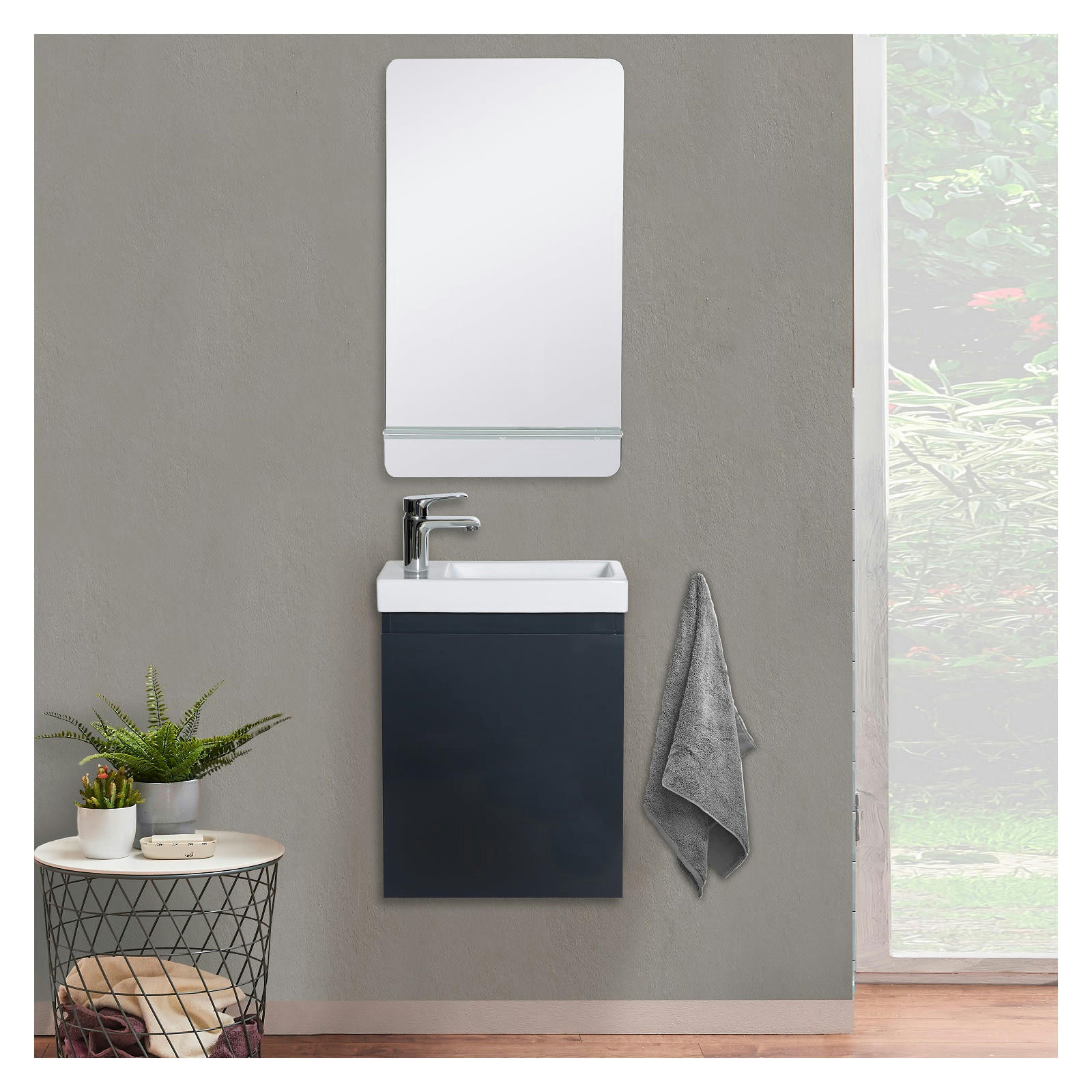 LISA - Meuble lave-mains  gris anthracite + miroir rectangulaire