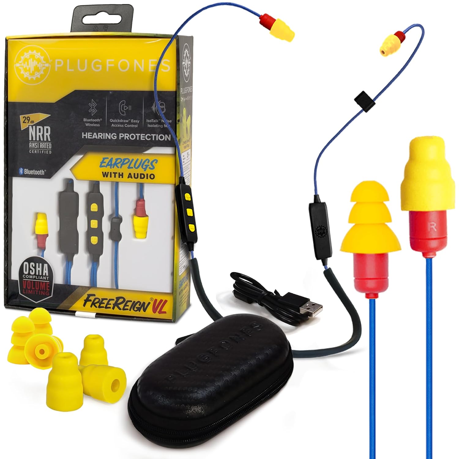 Plugfones FreeReign Volume Limited Wireless Bluetooth in-Ear Earplug Earbuds - Noise Reduction Headphones with Noise Isolating Mic and Controls, Blue & Yellow