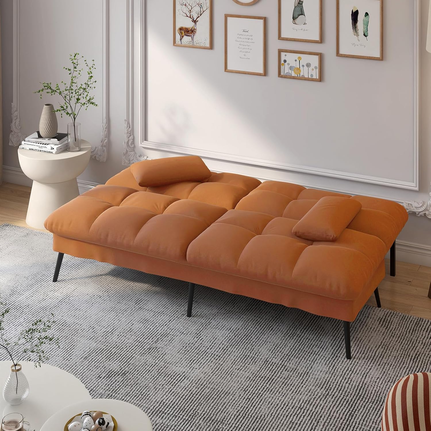 COMHOMA Convertible Sofa Bed,68″Fabric Couch with Adjustable Backrest,Loveseat Recliner Sleeper Living Room Furniture futon Set,Orange