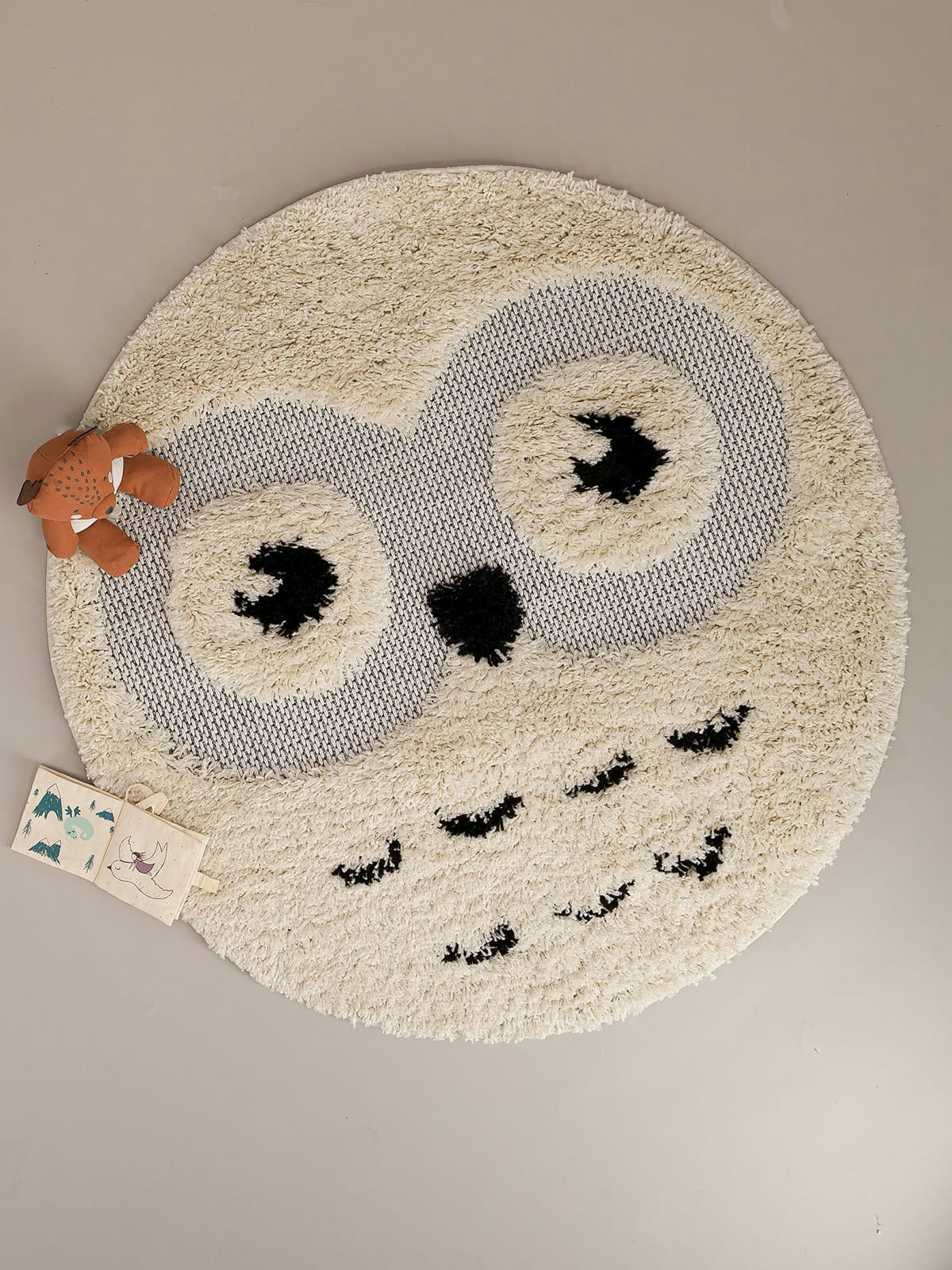 OWL - Tapis rond enfant doux et poétique beige et gris 120x120, OEKO-TEX®