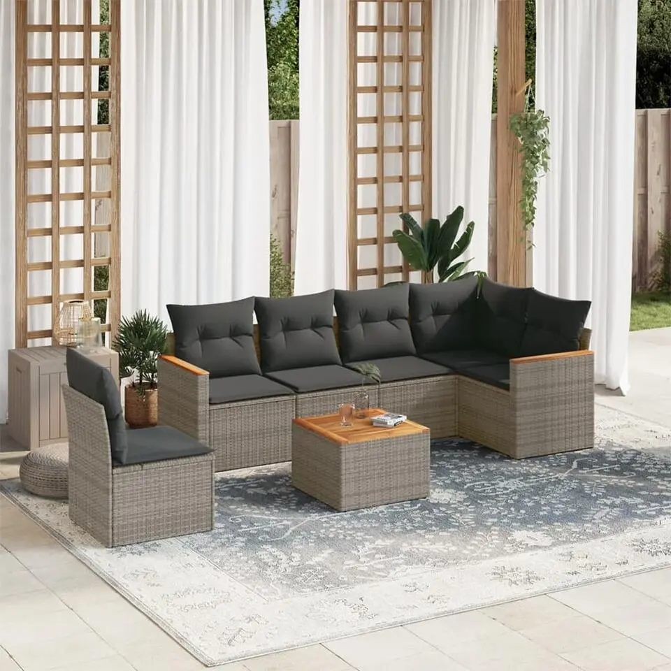 vidaXL Loungeset voor 6 met kussens & salontafel - Grijs - Poly rattan - 7 stuks
