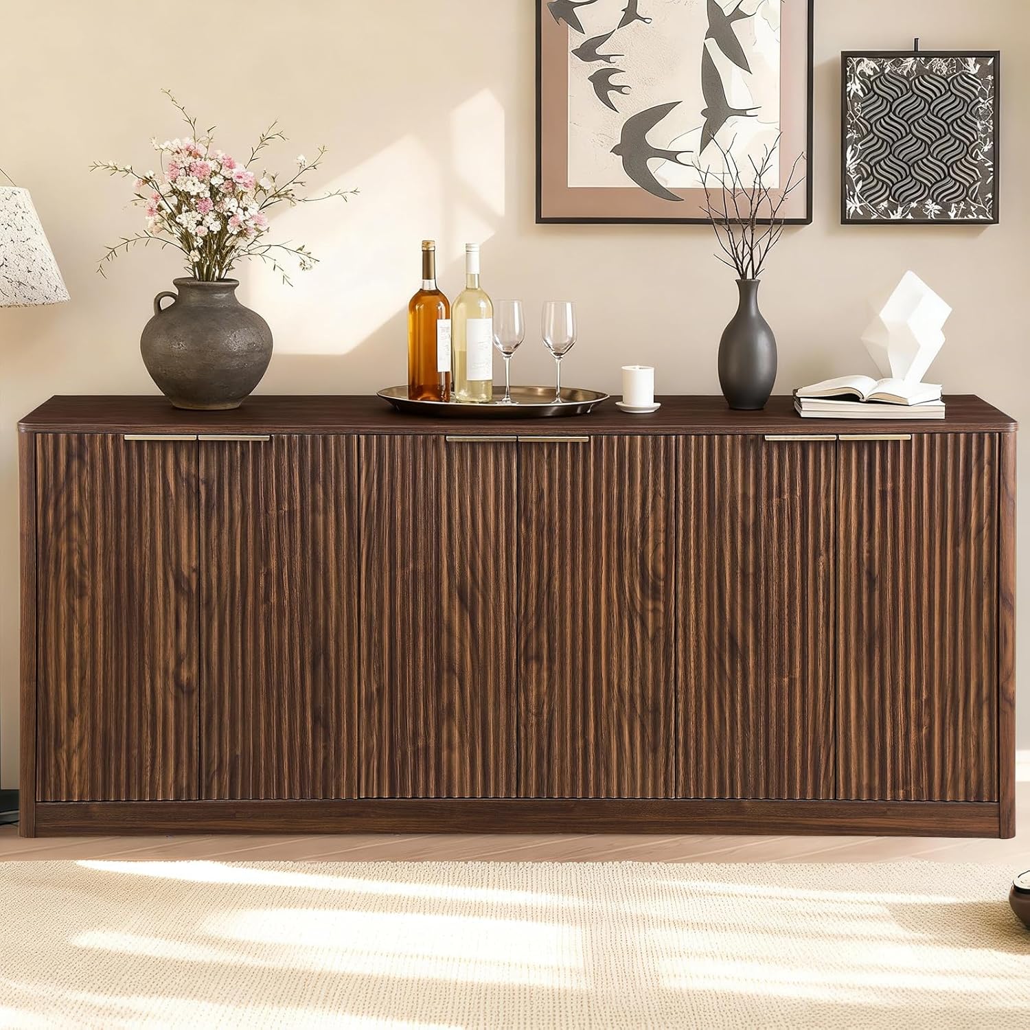 67 Fluted Buffet Cabinet Sideboard with Storage, Large Credenza with 6 Doors Accent Storage Cabinets Mid Century Modern Sideboard for Living Room Kitchen (Walnut)