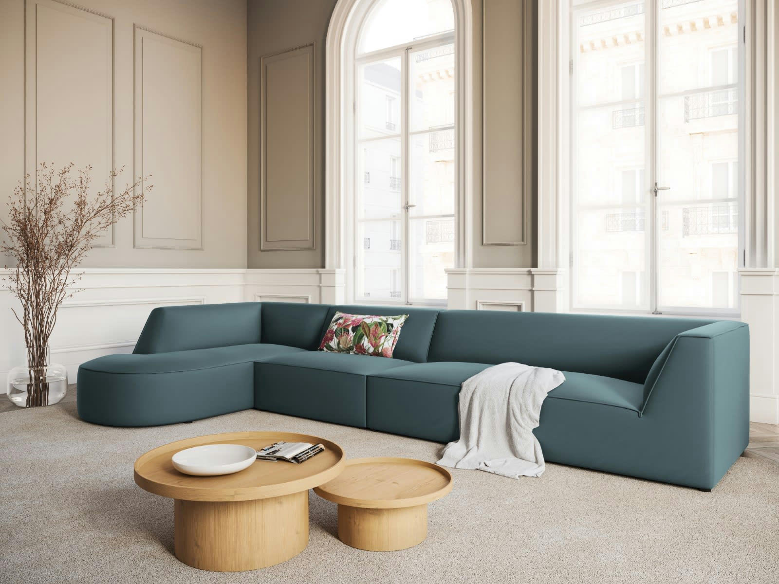 CHARLES - Canapé D'Angle Gauche 5 places en Velours Bleu