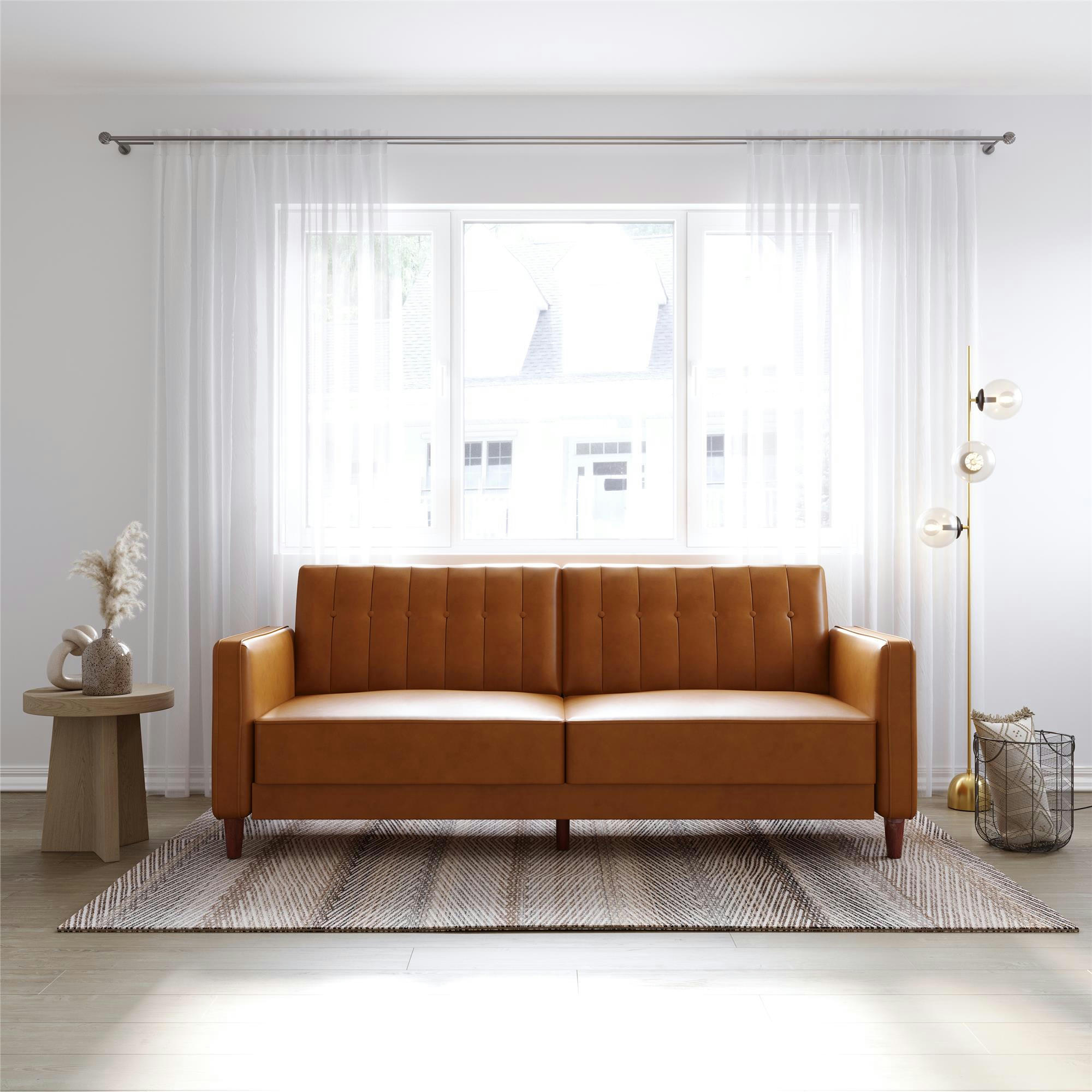 PIN TUFTED - Canapé lit 3 places en simili cuir Camel