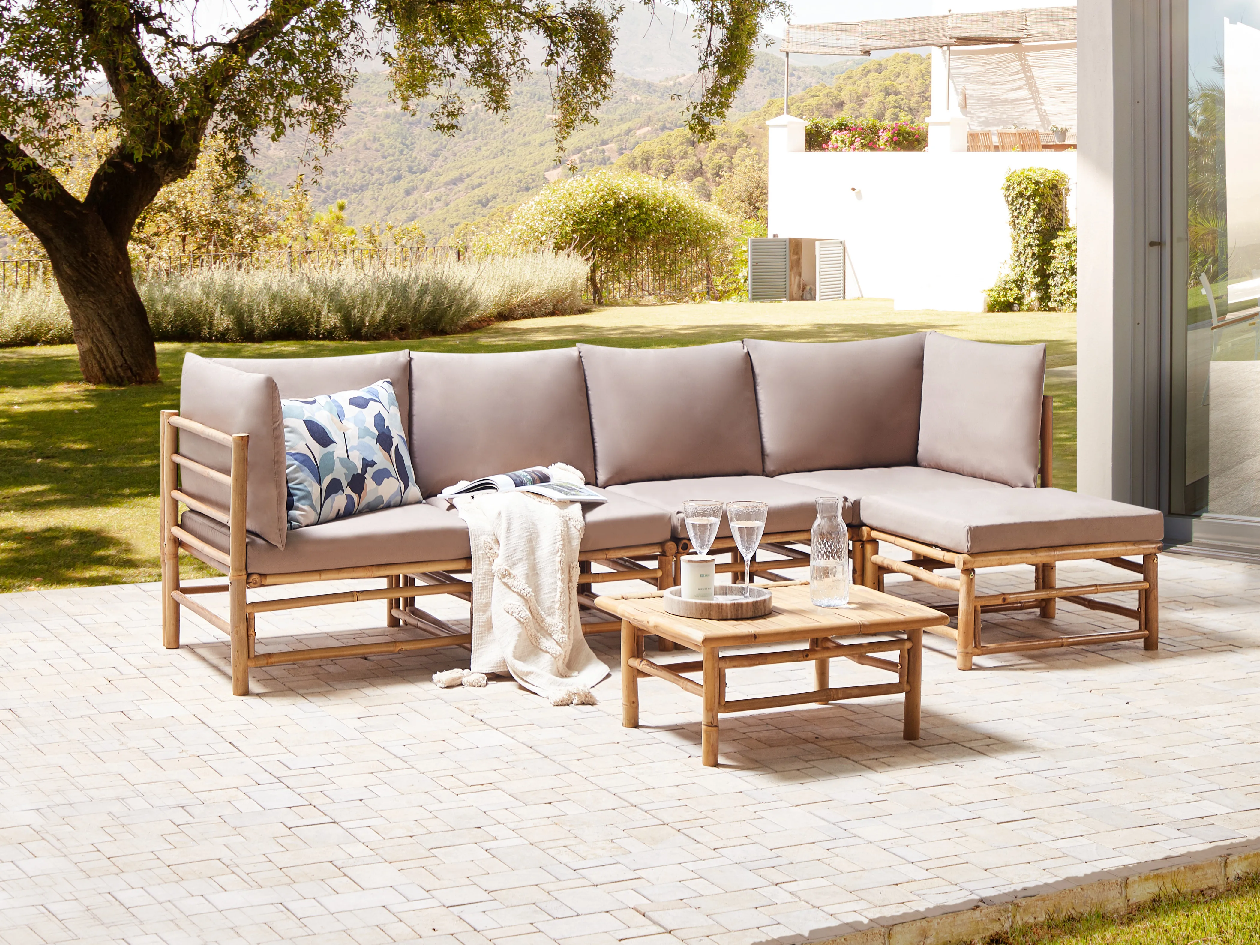 Garden Corner Sofa with Table 5 Seater CERRETO Left Hand Bamboo Taupe