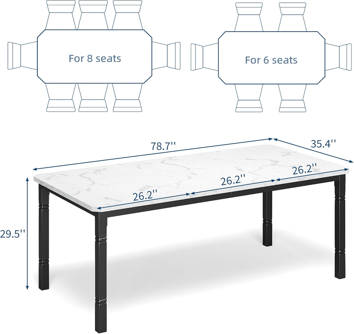 Garvee Large Dining Table for 6-8 People, 79 Wooden Kitchen Table with Sturdy Metal Frame, Dining Room Table for Dining Room, Kitchen, Black Leg & Marble White