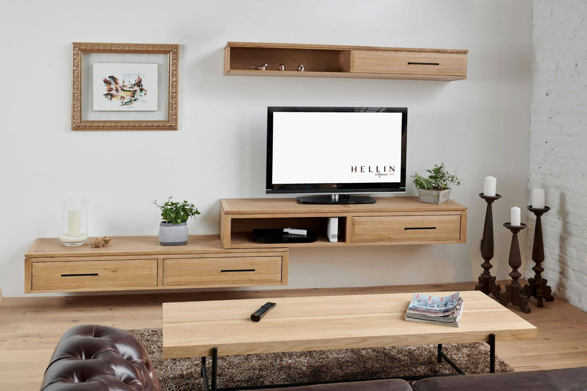 BOSTON - Ensemble meuble TV suspendu en chêne clair 3 éléments