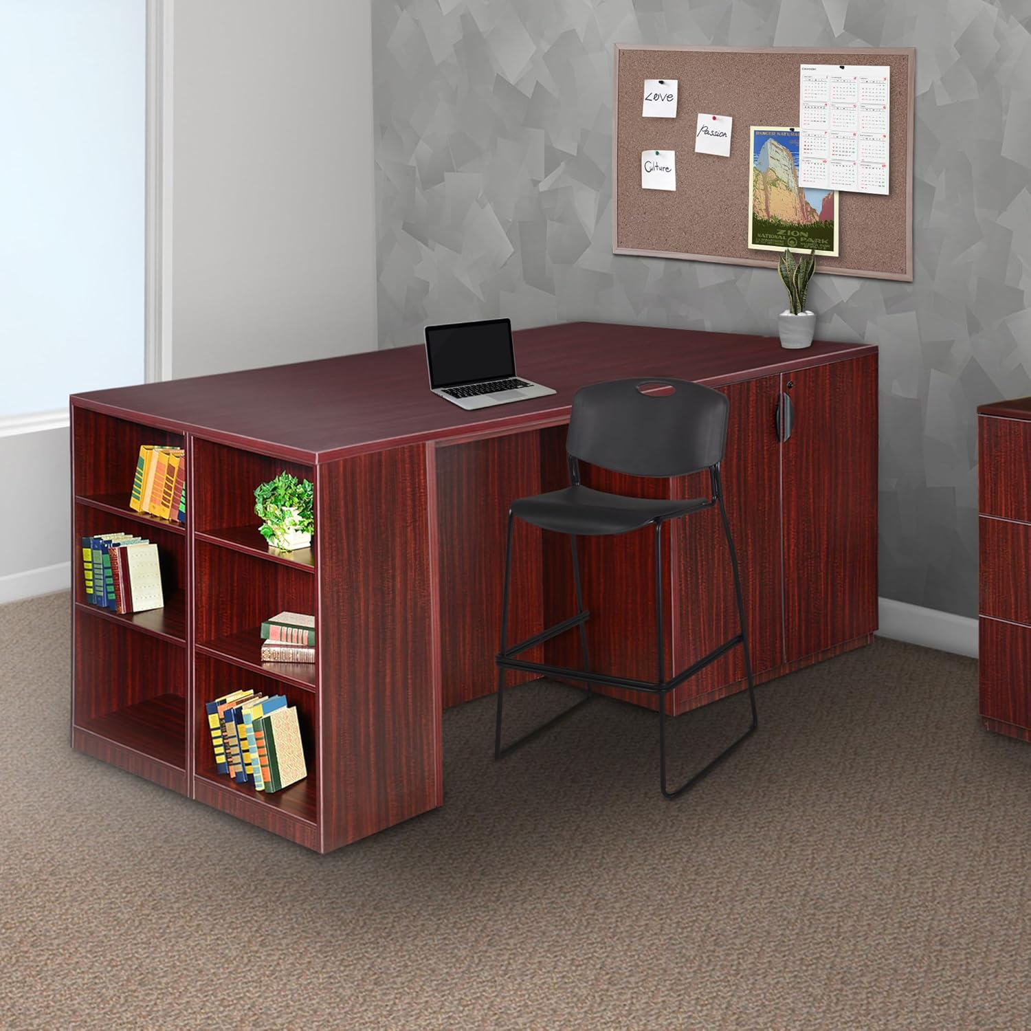 Regency Legacy Stand Up Desk/ 3 Storage Cabinet Quad with Bookcase End- Mahogany