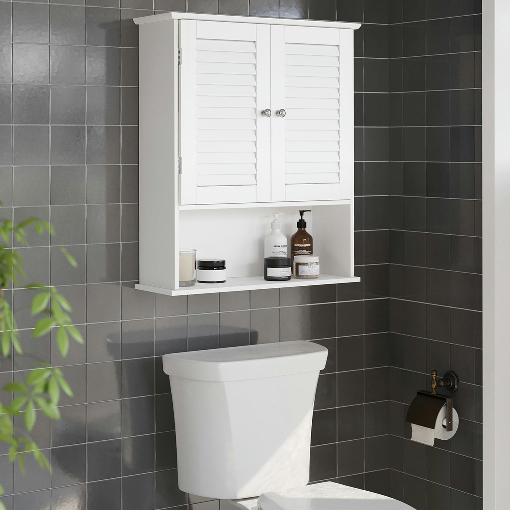 - Meuble mural double porte ouverte effet bois blanc