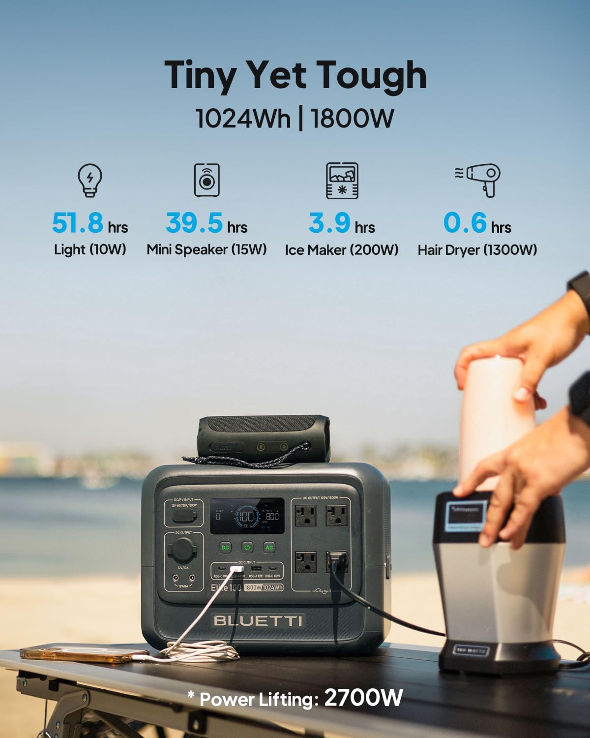 BLUETTI Elite 100 V2 Portable Power Station  1024Wh LFP Battery Backup w/ 4 1800W AC Ports (3600W Surge)  35% Smaller  Fast Charge and UPS Solar Generator for Camping  Road Trip  Outages  Home Backup