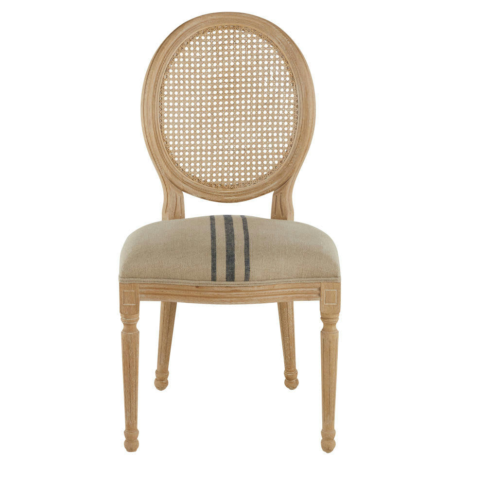 Louis - Chaise médaillon cannée en lin beige et gris et bois de frêne massif